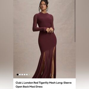 Club L London- Burgundy- Tigerlily Port Mesh Long- Sleeve Open Back Maxi Dress